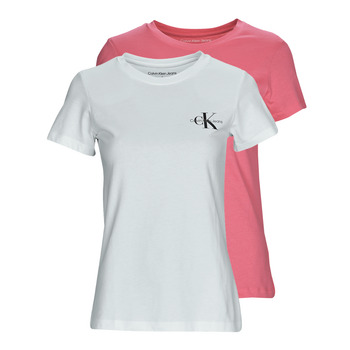 Textiel Dames T-shirts korte mouwen Calvin Klein Jeans 2-PACK MONOGRAM SLIM TEE X2 Wit / Roze