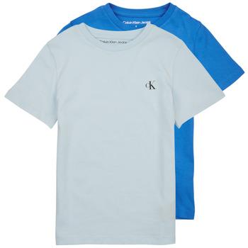 Textiel Jongens T-shirts korte mouwen Calvin Klein Jeans PACK MONOGRAM TOP X2 Blauw / Blauw