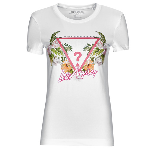 Textiel Dames T-shirts korte mouwen Guess SS CN TRIANGLE FLOWERS TEE Wit