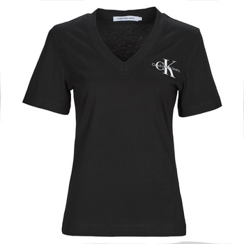 Textiel Dames T-shirts korte mouwen Calvin Klein Jeans MONOLOGO SLIM V-NECK TEE Zwart