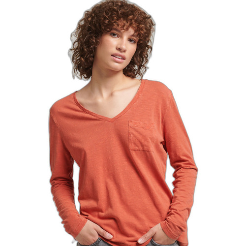 Textiel Dames T-shirts korte mouwen Superdry T-shirt col V et manches longues femme Orange