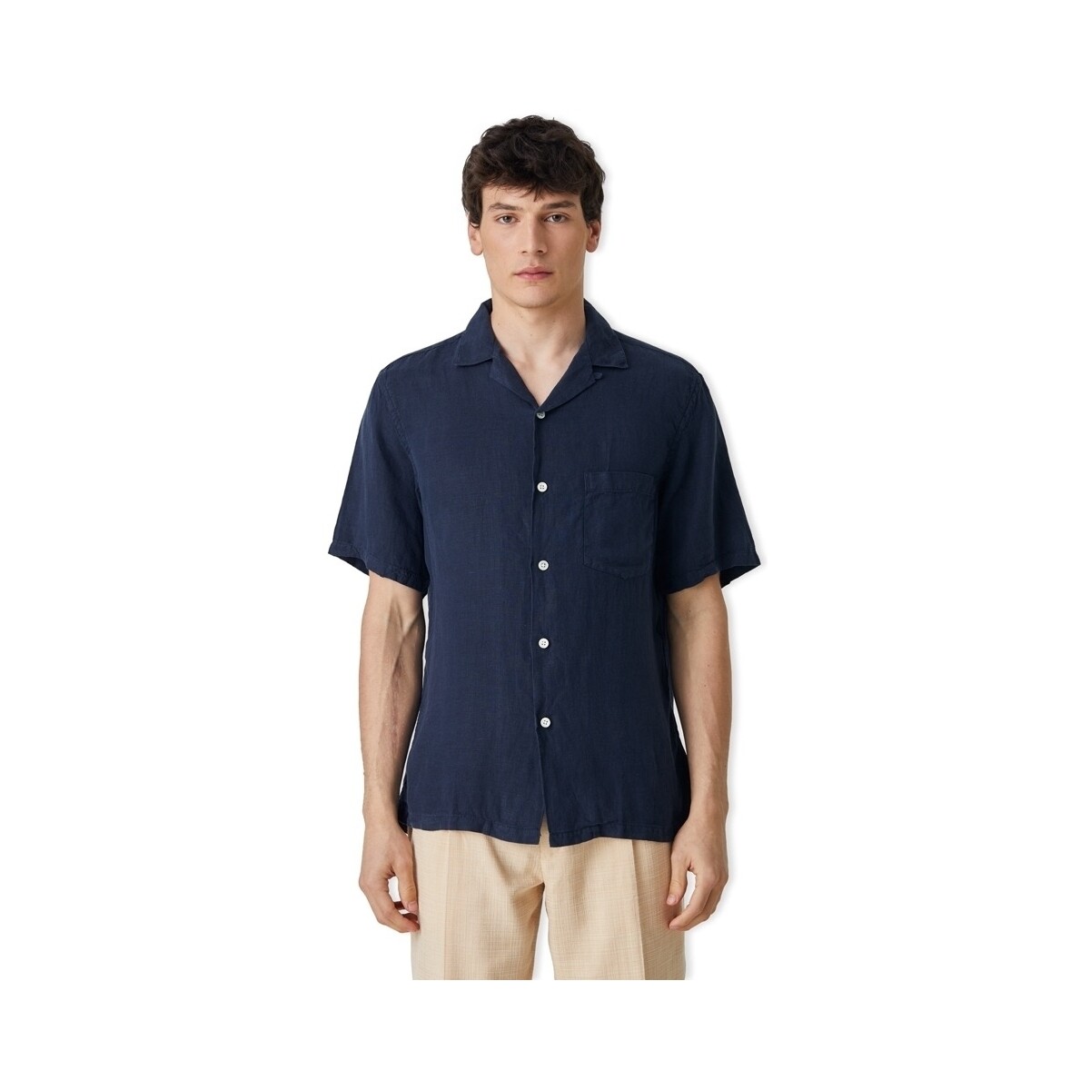 Textiel Heren Overhemden lange mouwen Portuguese Flannel Linen Camp Collar Shirt - Navy Blauw